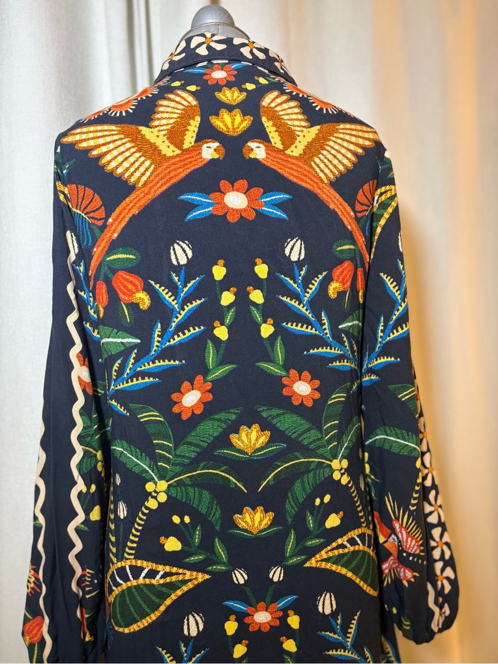 Farm Rio x Anthropologie Embroidered Floral Bird Maxi Shirt Dress 100% Viscose S - Picture 12 of 16